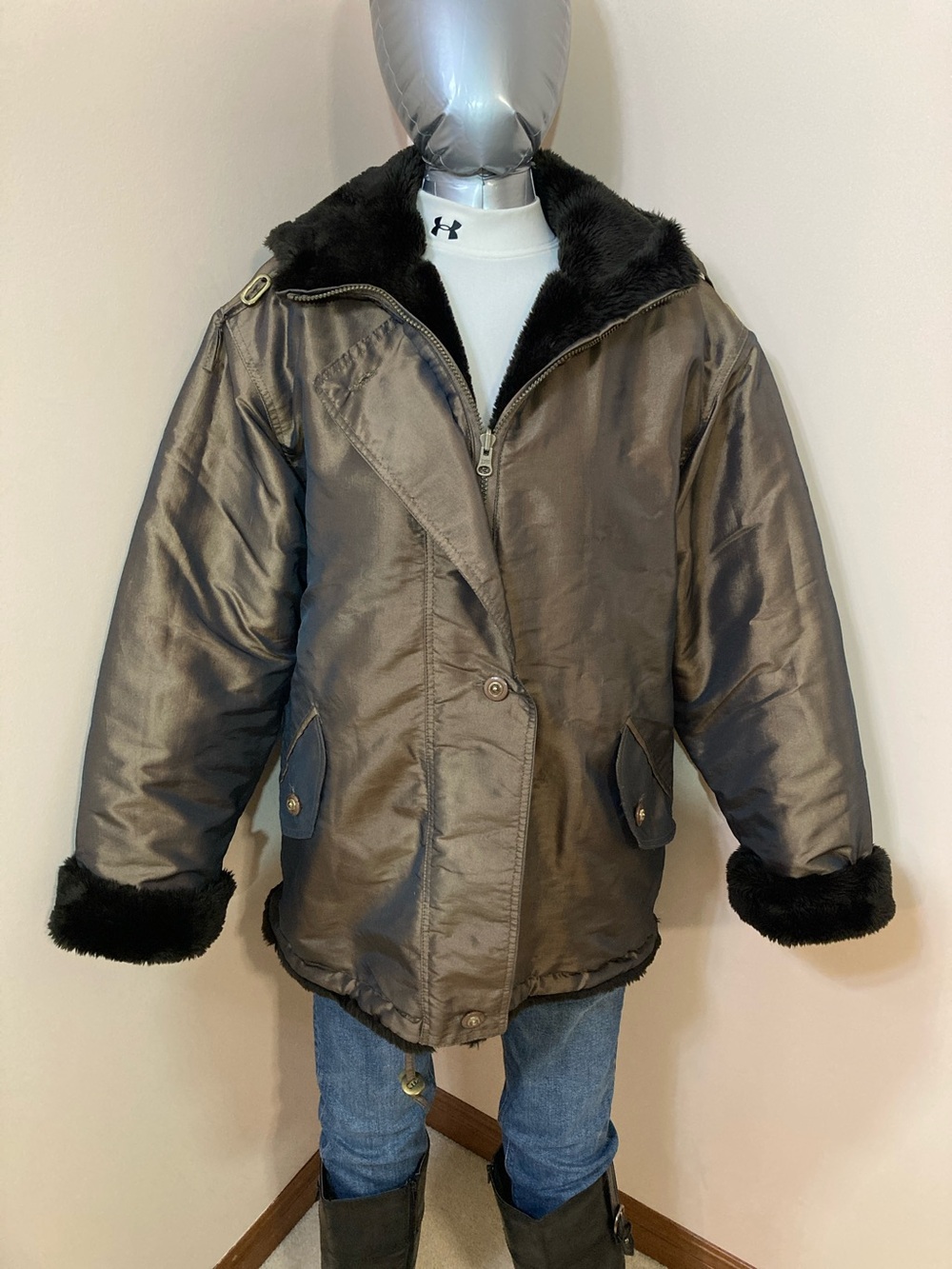 Reversible Faux-Fur Trim Brown Puffer Jacket